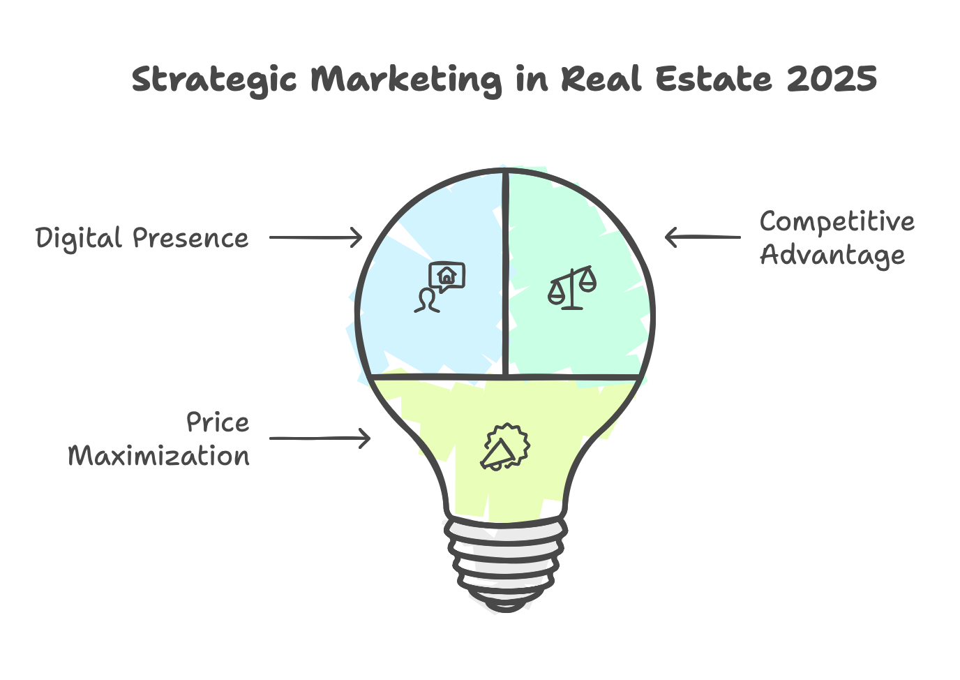 Infographic showcasing the pillars of strategic marketing in real estate for 2025: digital presence, competitive advantage, and price maximization.