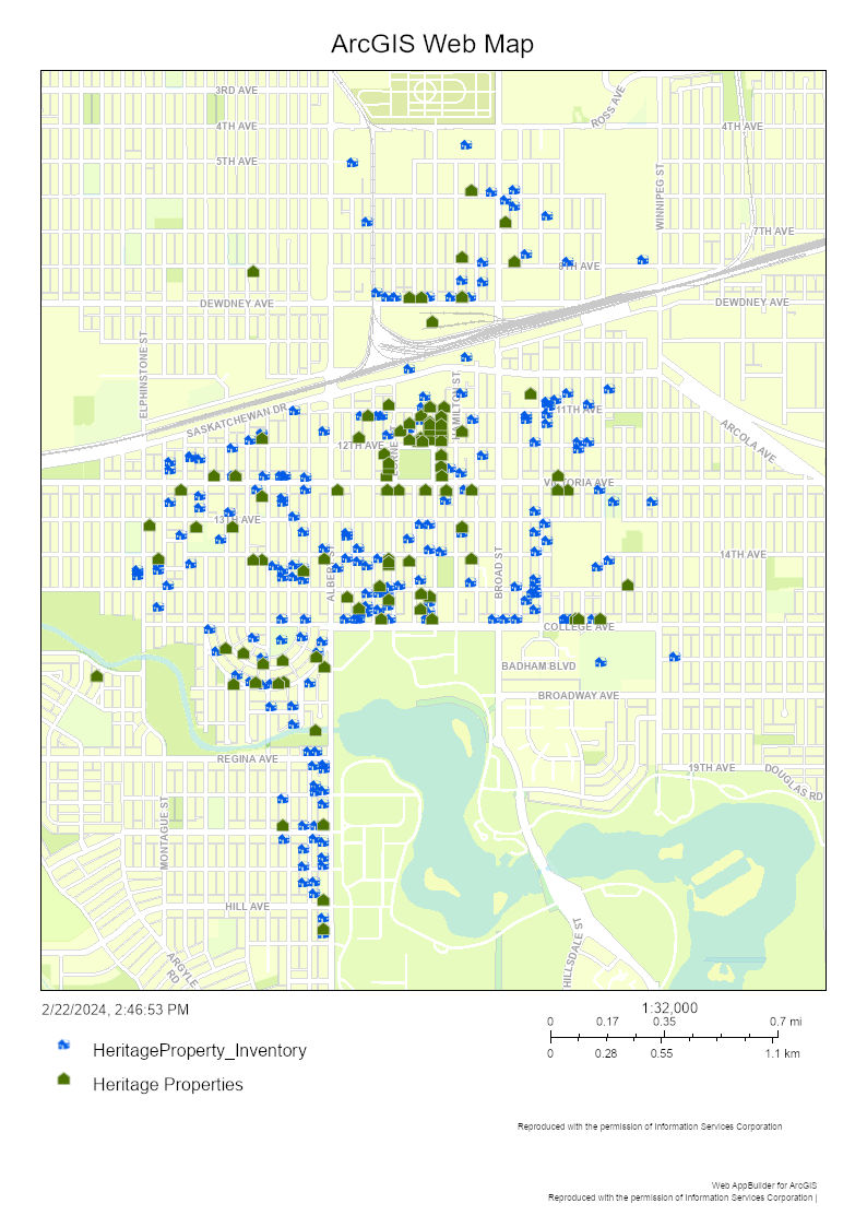 Interactive ArcGIS Web Map showcasing historic houses in Regina, sourced from the City of Regina's official website, 2024